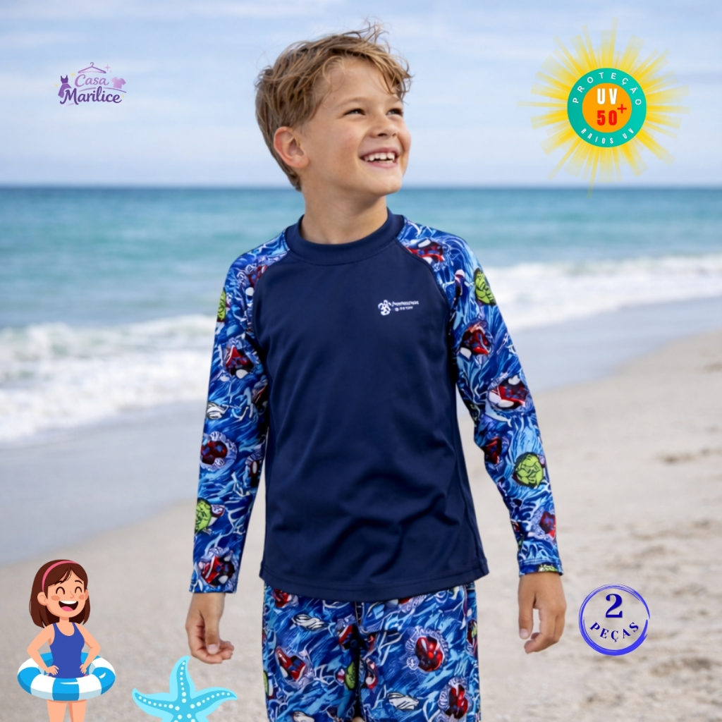 Conjunto UV 50+ Proteção Solar Blusa Short Super Herois Praia Piscina Menino Tam. P - M - G Top