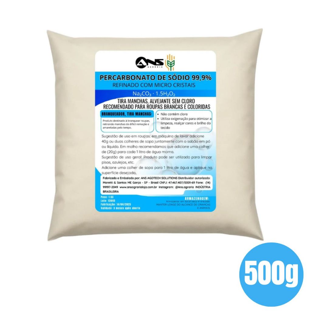 Percarbonato de Sódio 500g/1kg/2kg/3kg/4kg Original Limpeza Remove Manchas Desinfeta e Clareia Roupas Brancas