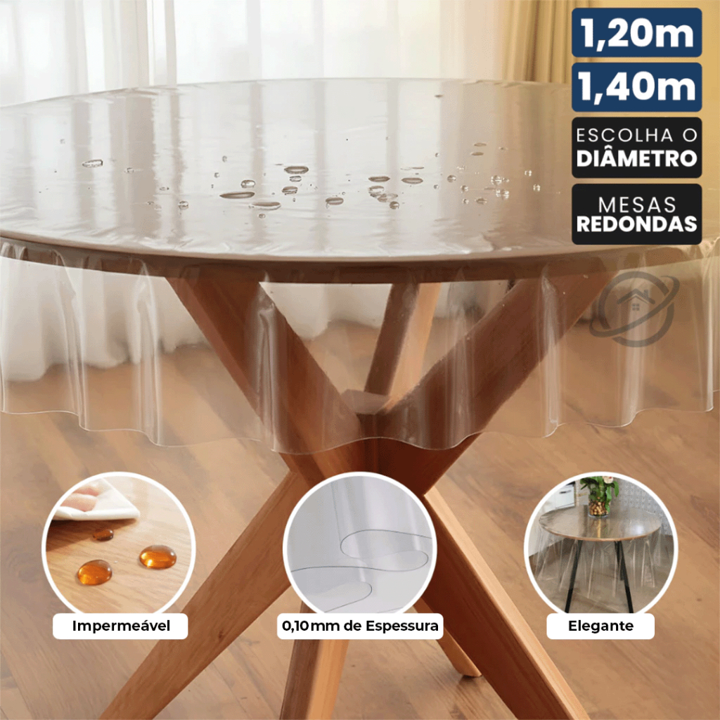 Toalha PVC Cristal Transparente Redonda 120cm ou 140cm Diâmetro | Fácil de Limpar, Protege a Mesa 4 Lugares Impermeável