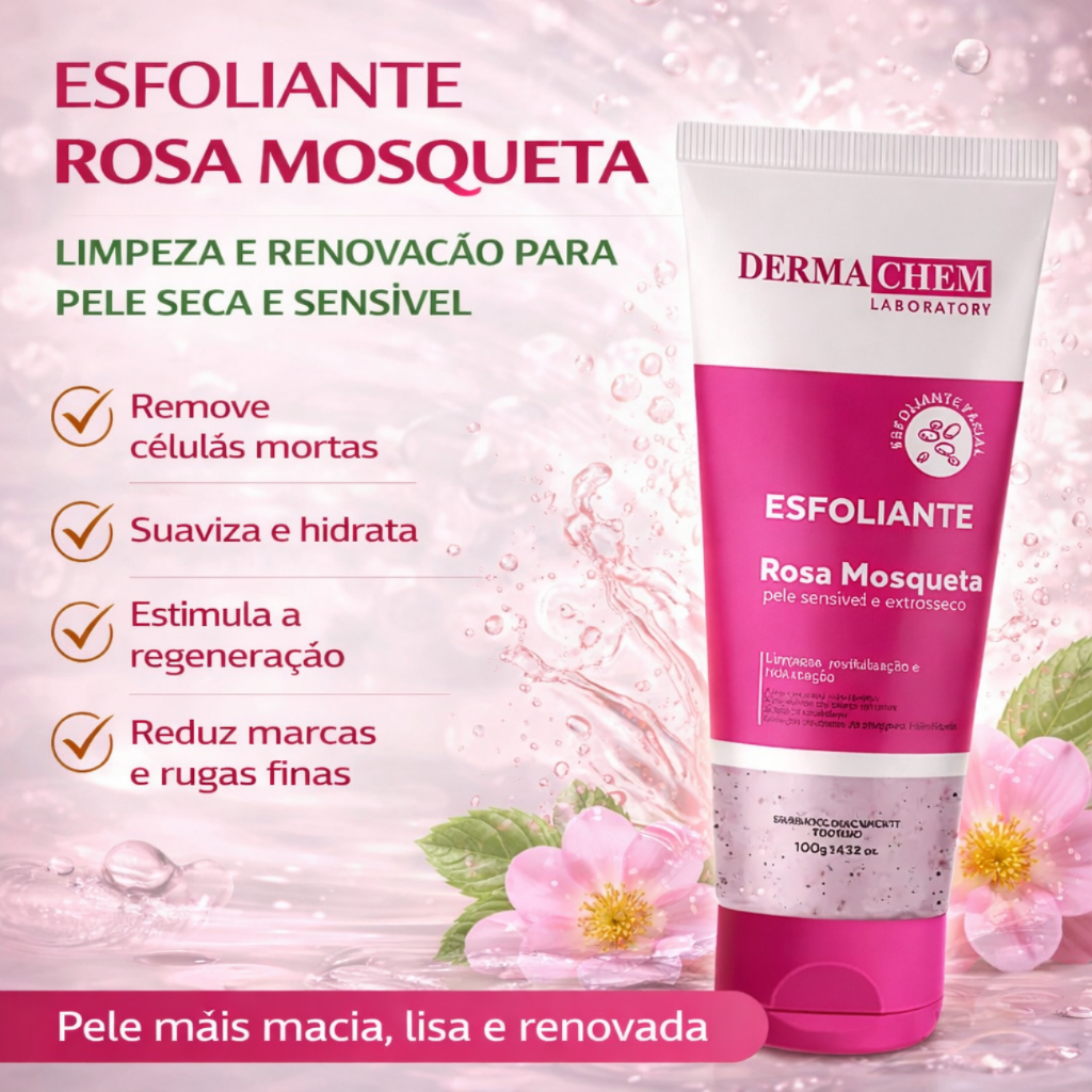 Kit C/3 Itens Skincare Rosa Mosqueta Pele Sensivel Dermachem - sabonete, sérum, esfoliante — imagem 2 de 2