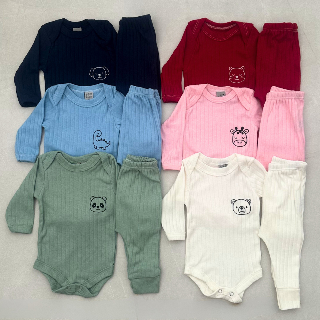 Kit Body Manga Longa e Mijão Calça 100% Algodão Canelado Minimalista Inverno Menina Menino