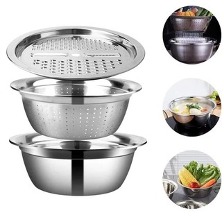 Multifuncional De Aço Inoxidável Bacia Dreno Cesta Cortador Ralador De Legumes Saladas Fruta Kit 3 Em 1 Cozinha