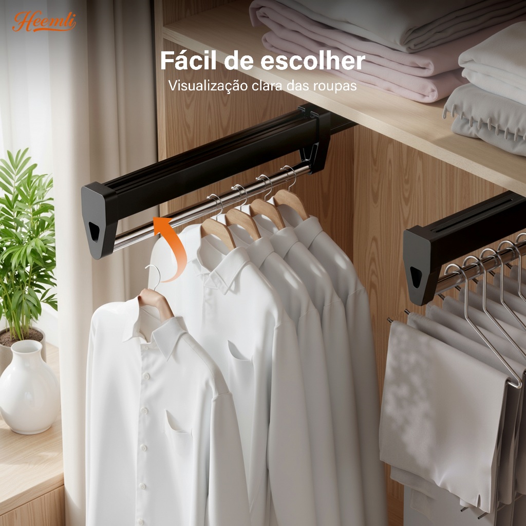 Heemli Cabide Retrátil Deslizante para Calças e Roupas, Suporte Ajustável Multifuncional para Guarda-Roupa