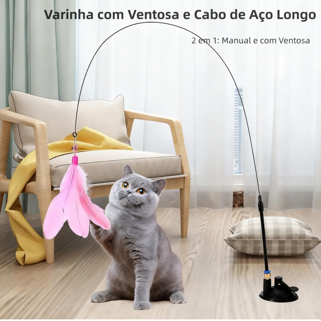 Varinha Interativa com Ventosa para Gatos - Cabo Longo e Penas - Brinquedo Fixo no Chão-Pronta entrega