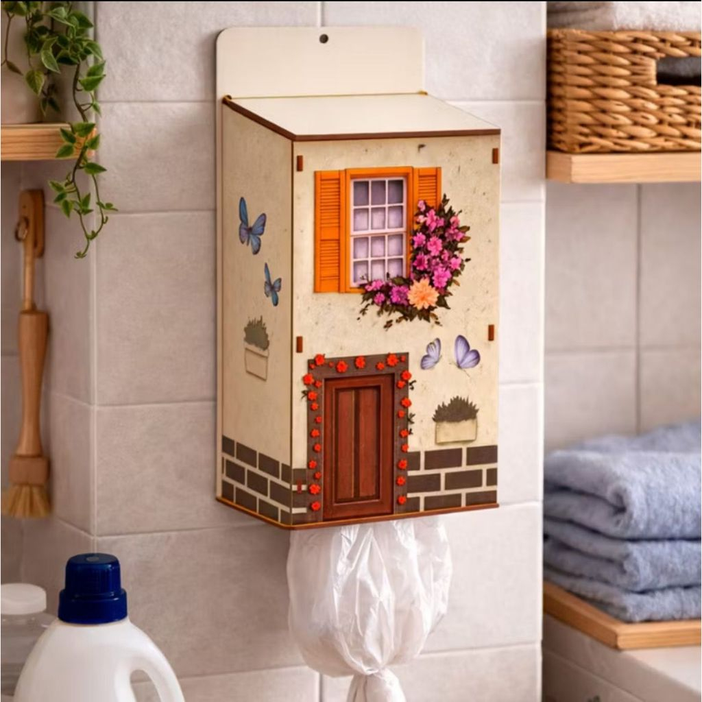 Organizador De Sacolas MDF Tipo Casinha Decorativa Puxa Saco De Parede Cozinha Lavanderia