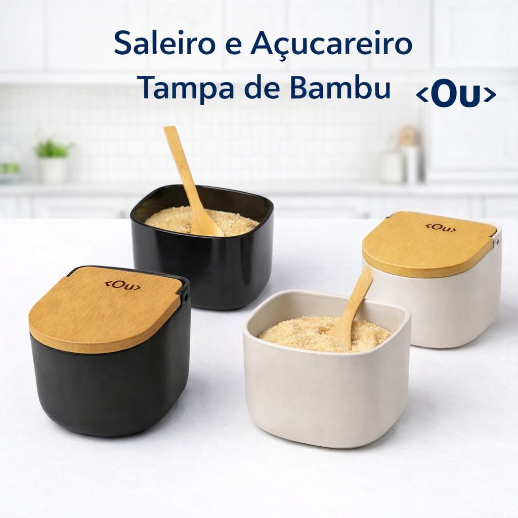 Saleiro e Açucareiro OU Tampa Bambu 10x10 Porta Sal Açúcar Cozinha Elegante Gourmet Premium