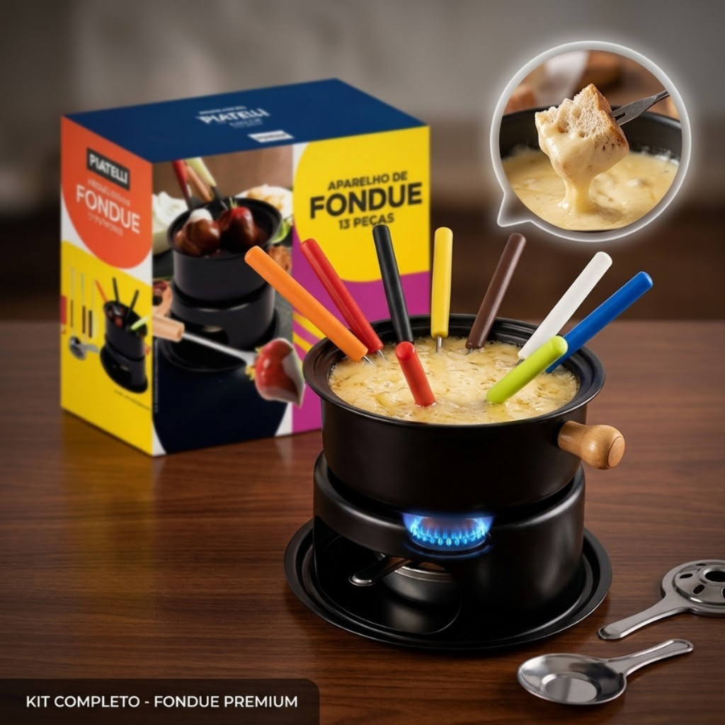 Conjunto Fondue 13 Peças Fratelli Conjunto Completo Garfos Suporte Panela Chocolate Queijo