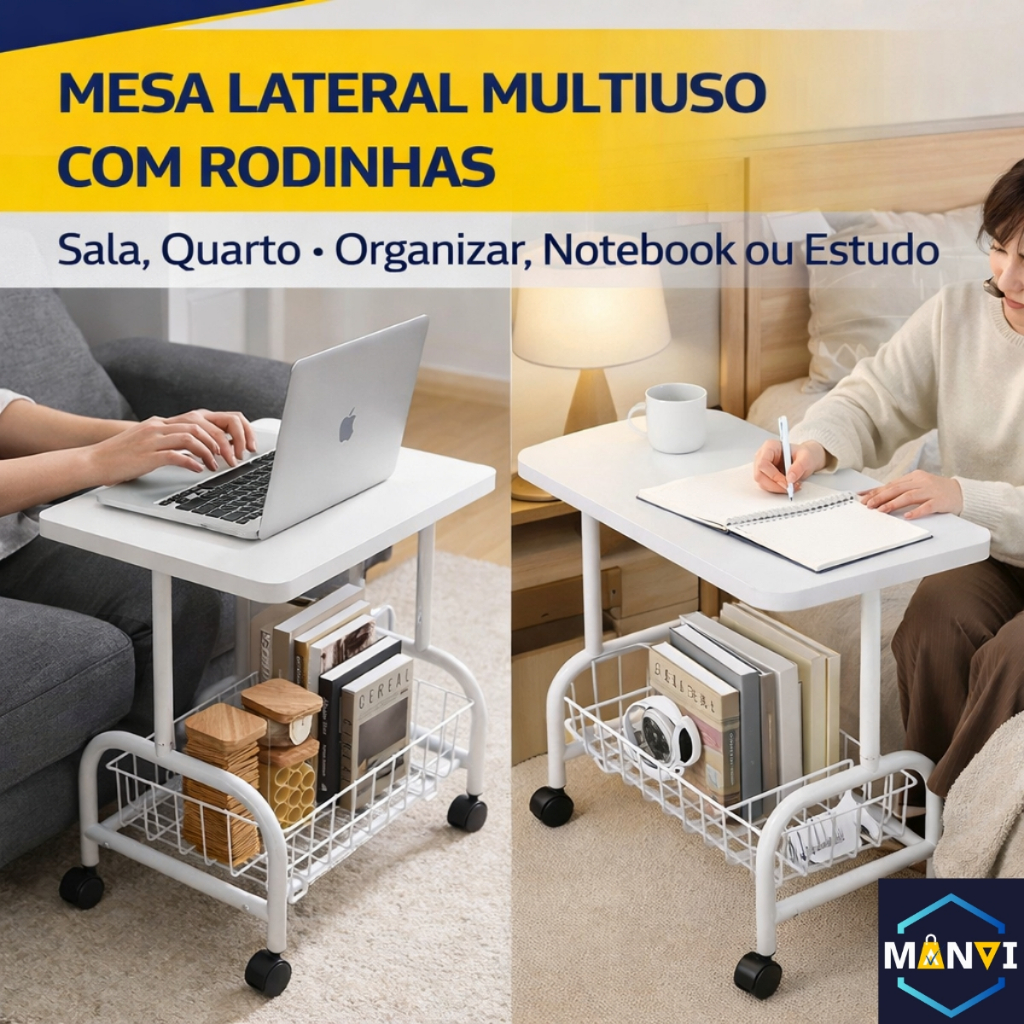 Mesa Lateral Escrivaninha Rodinha Decoração Sala Quarto Estudo Notebook Home Office Prateleira