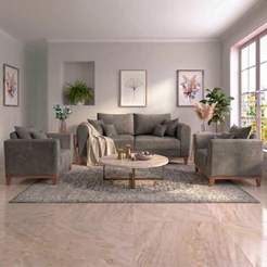 Kit Sofá 3 Lugares e Poltronas Sala de Estar Beny Suede Cinza Madeira Estofados