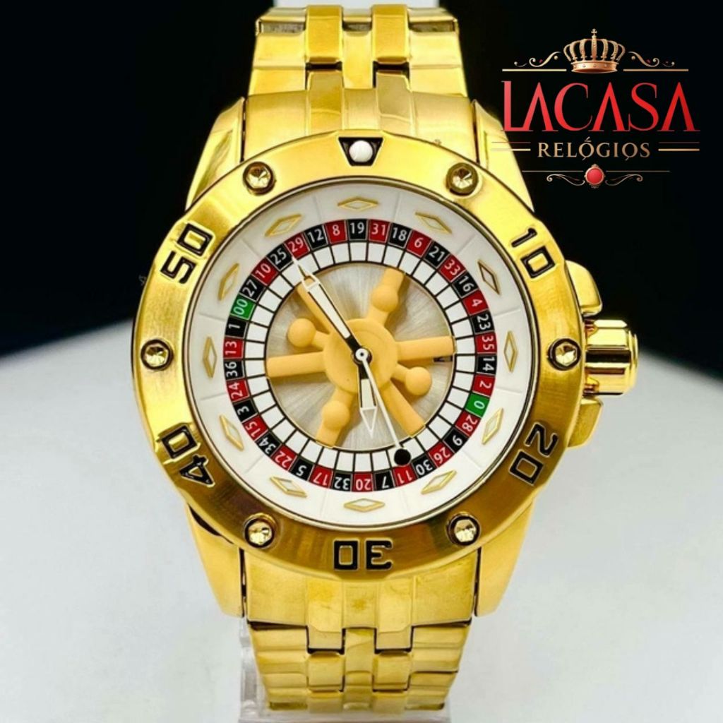 Relógio Masculino Luxo Invicta Dourado Elegante Roleta Cassino Quartzo Preto Branco Aço Inoxidável