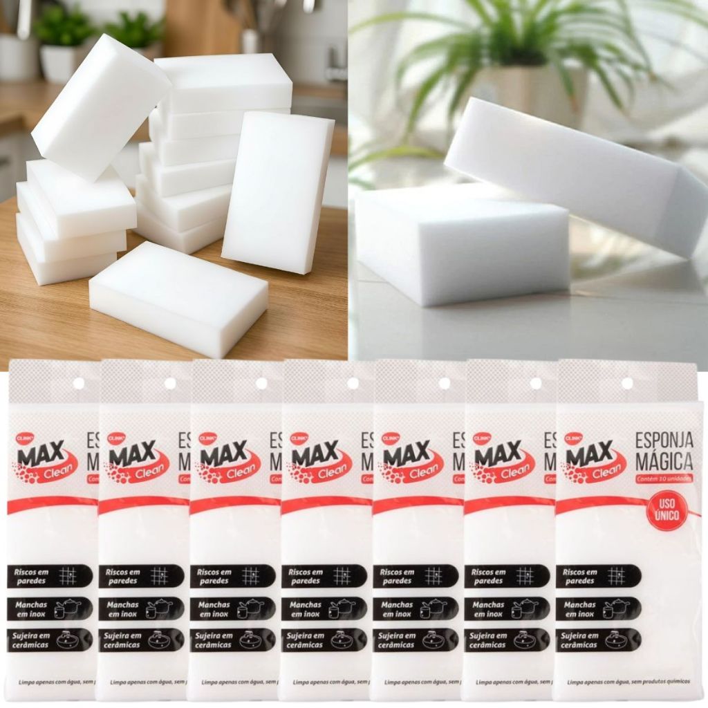 Kit 100 Esponja Mágica 10cmX6cm Bucha Melamina Tira Mancha Limpeza Não Risca Buchinha Magica Multiuso