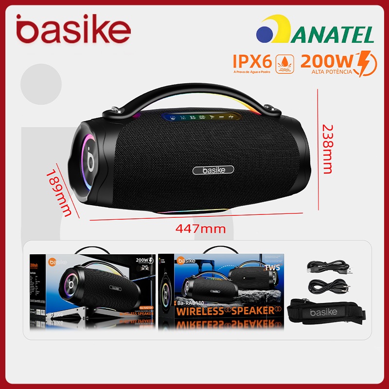 Basike alto-falante bluetooth 5.4 sem fio 200W Caixa Subwoofer Som Estéreo De Alta Fidelidade Party Ipx6，RAD180🔥