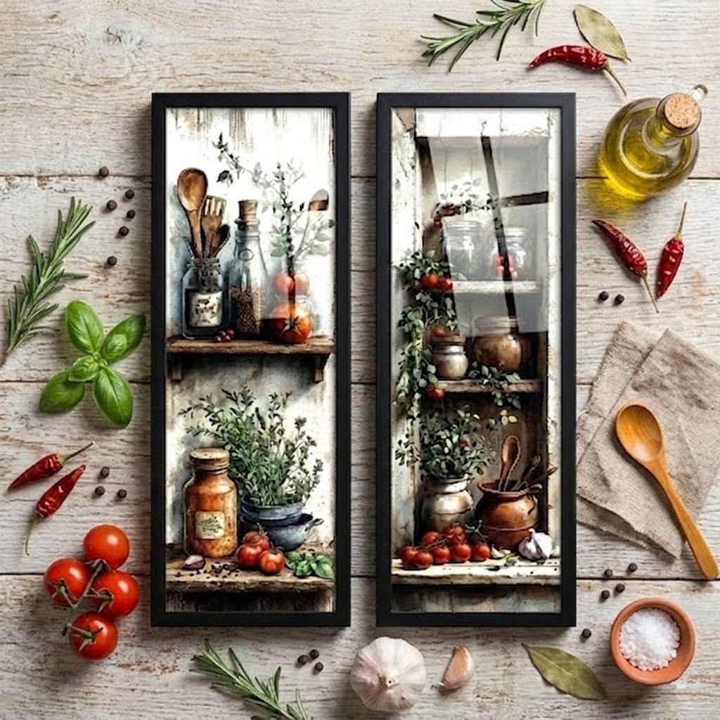 Kit 2 quadros 18x45 cm, área gourmet, área de churrasco, temperos, gourmet, cozinha, com vidro