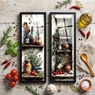 Kit 2 quadros 18x45 cm, área gourmet, área de churrasco, temperos, gourmet, cozinha, com vidro