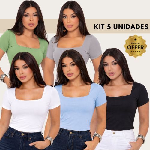 Kit 5 Blusas Femininas Baby Look Manga Curta Blusinha Decote Quadrado Premium Forro Duplo Modeladora em Oferta na Shopee