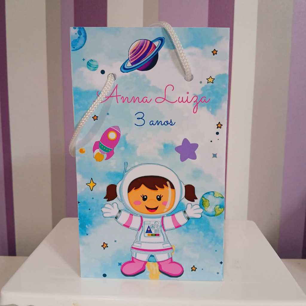 Sacolinha Surpresa Personalizada Astronauta Menina - Lembrancinha Aniversário - Tamanho P - PEGUE E MONTE