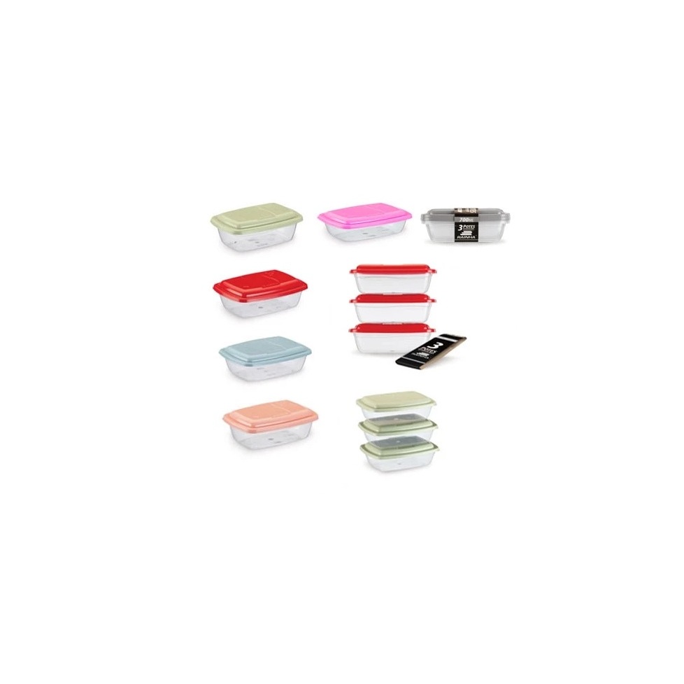 Conjunto 3 Potes Retangular Transparente Com Tampa Colorida 700ml De Plástico Rainha