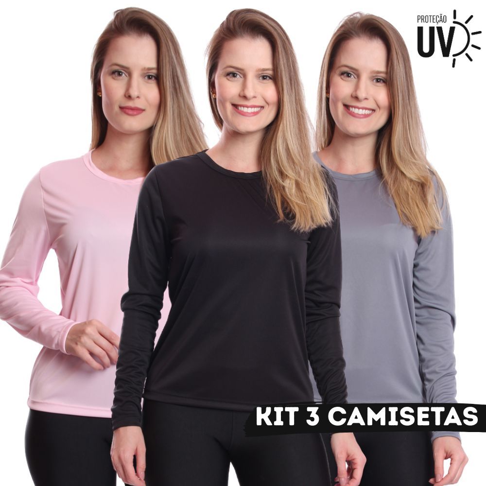 Kit 3 Camisetas Feminina Manga Longa Segunda Pele Térmica Proteção Solar UV 50 em Oferta na Shopee