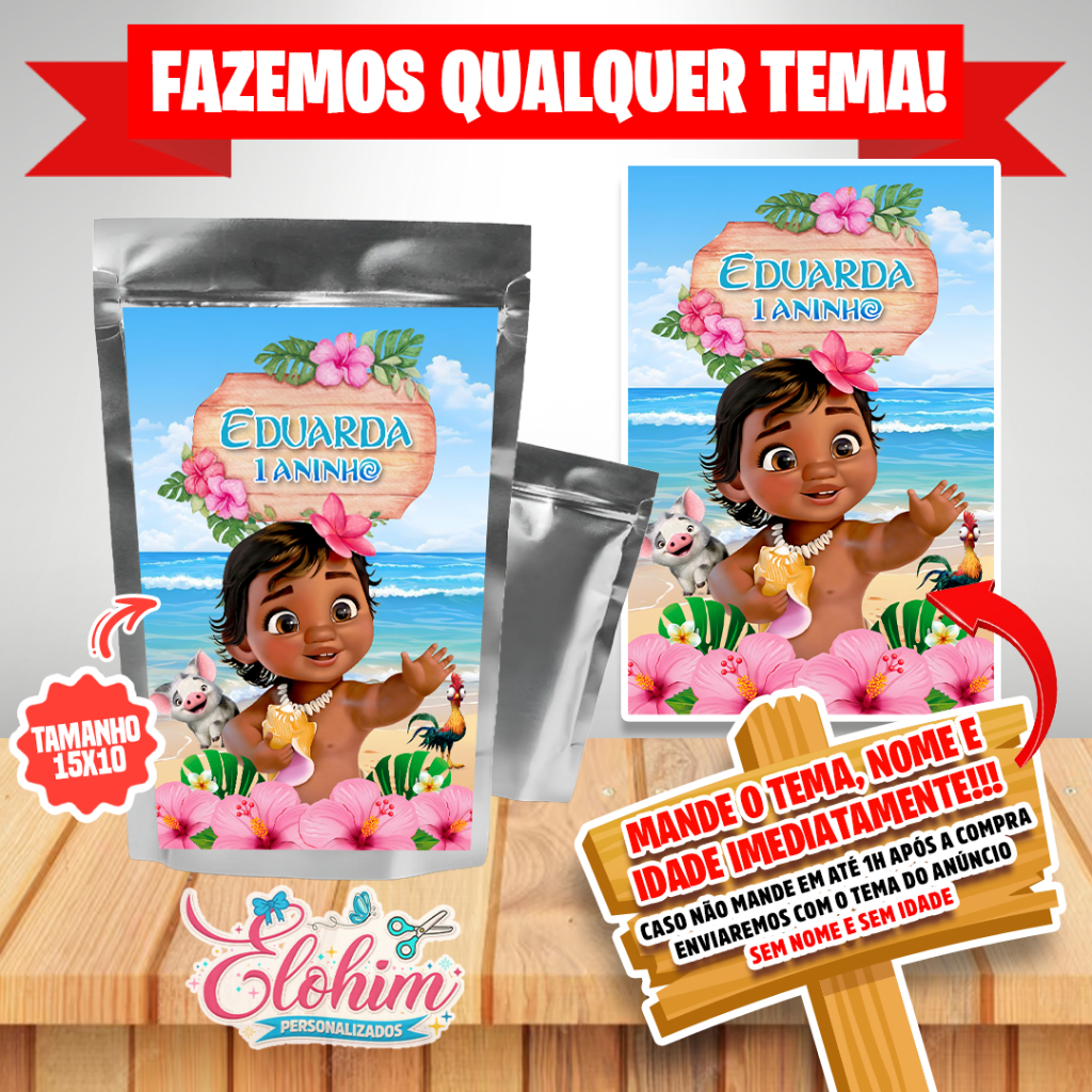 Rótulo Adesivo para personalizar Saquinho Metalizado ZipLock - Moana Baby