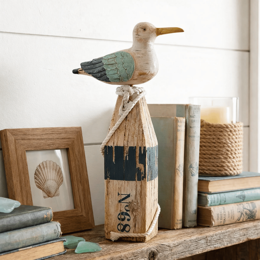 Escultura Gaivota Náutica em Madeira Rústica – Decoração Praiana Artesanal Premium em Oferta na Shopee