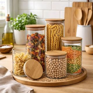 Conjunto de Potes de Vidro Tampa em Bambu Hermeticos Mantimento Tempero em Oferta na Shopee