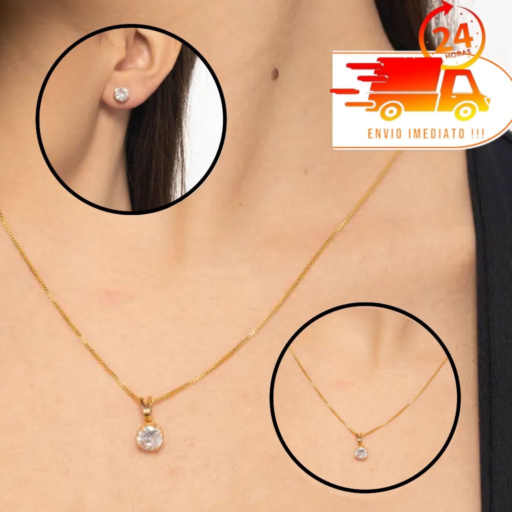Gargantilha  Colar Banhado + Brinco Ponto De Luz Brinco A Ouro Feminino Kit Dia dos Namorados