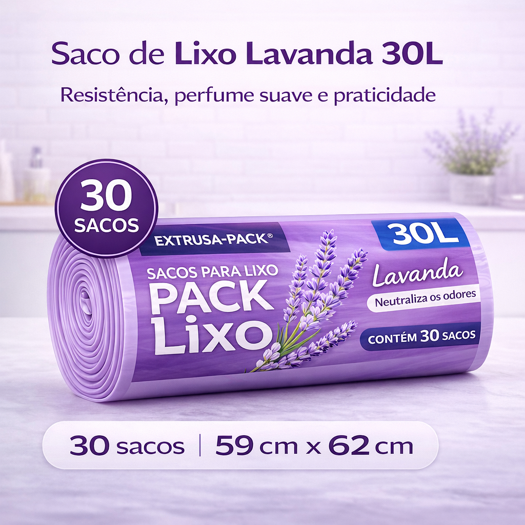 Saco Lixo 30 Litros Perfumado Lavanda Neutraliza Odores Mau Cheiro Reforçado Resistente 59X62