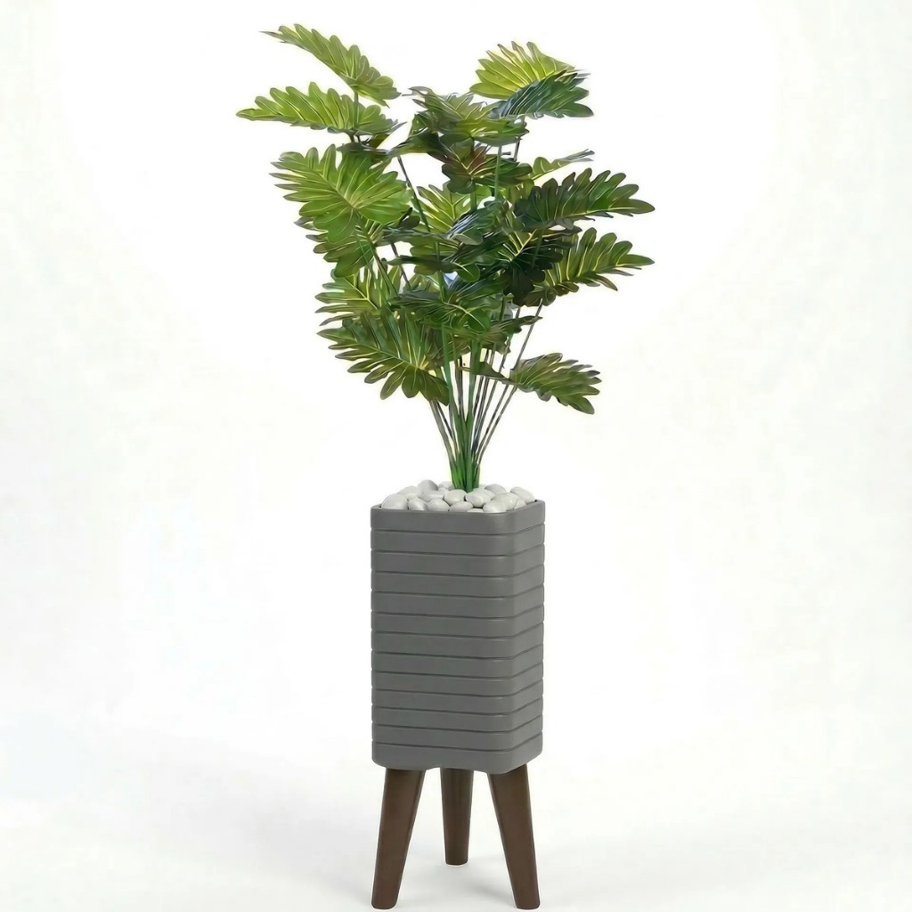Planta Artificial 18 Folhagem Vaso Grande  Cachepot Decoração Pedra Seixo Jardim