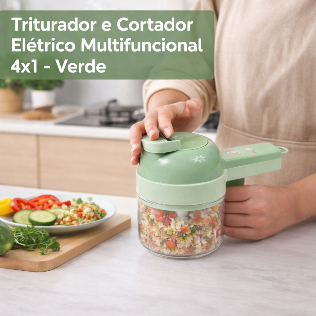Triturador e Cortador Elétrico Multifuncional 4x1 - Verde lâminas em Inox 09 peças completo receitas