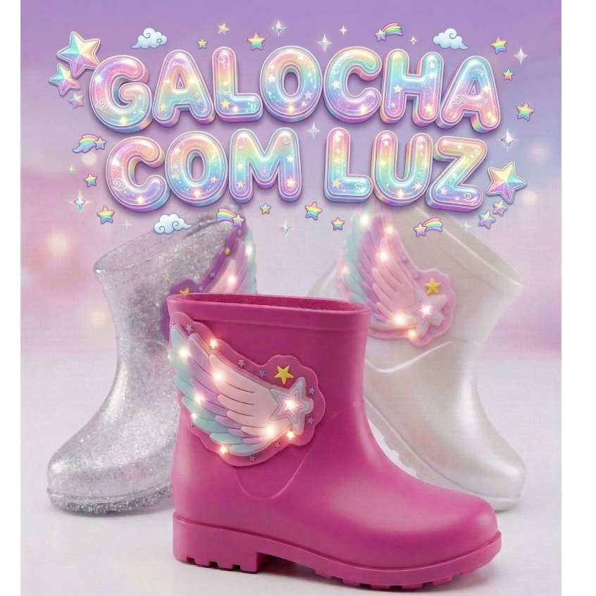 Bota Galocha LED Menina Infantil Galocha Impermeável  Flexível Leve Confortável