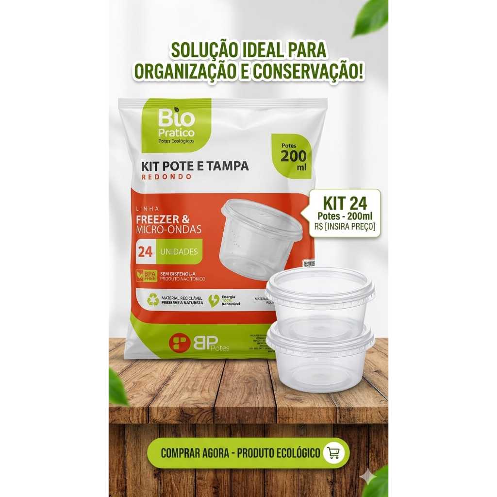 Pote Plástico Redondo 200 ml / 250 ml Descartável Com Tampa Bolo Pote Açaí Marmita Freezer Microondas