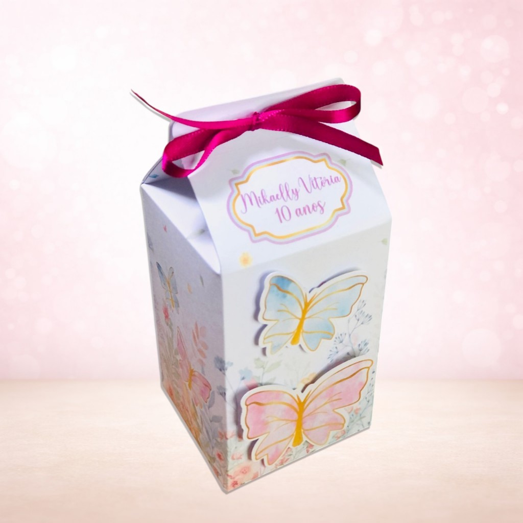 Caixas Milk 3D Personalizadas Jardim das Borboletas Aquarela Lembrancinha Aniversário Festa Infantil Fácil Montagem