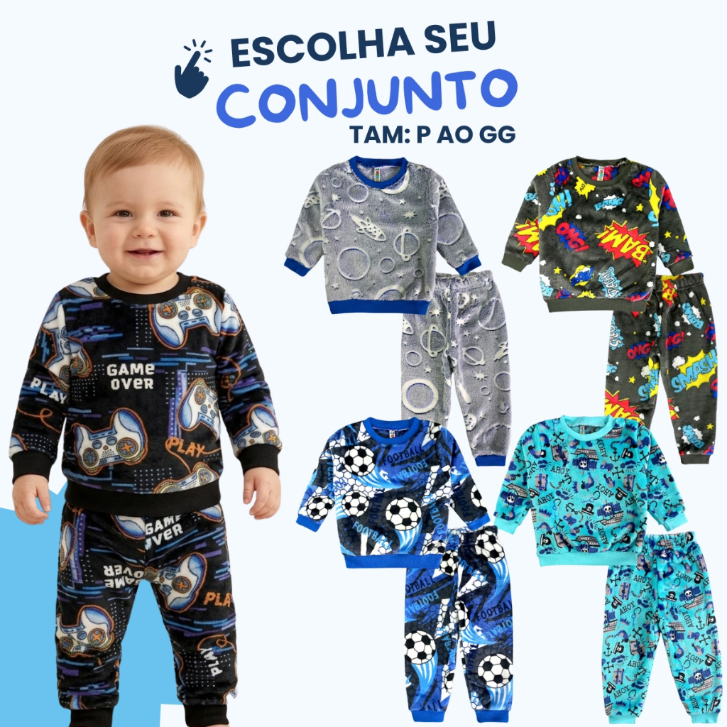 Conjuntos Bebe Menino Peluciado Pijamas Flecee Masculino Inverno - Tamanho P ao GG