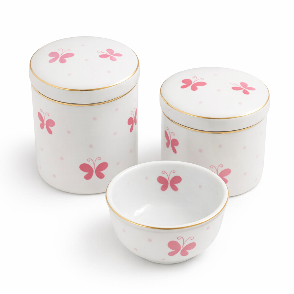 Kit Higiene Bebê 3 Peças Potes Porcelana Borboleta Elegante Decoração