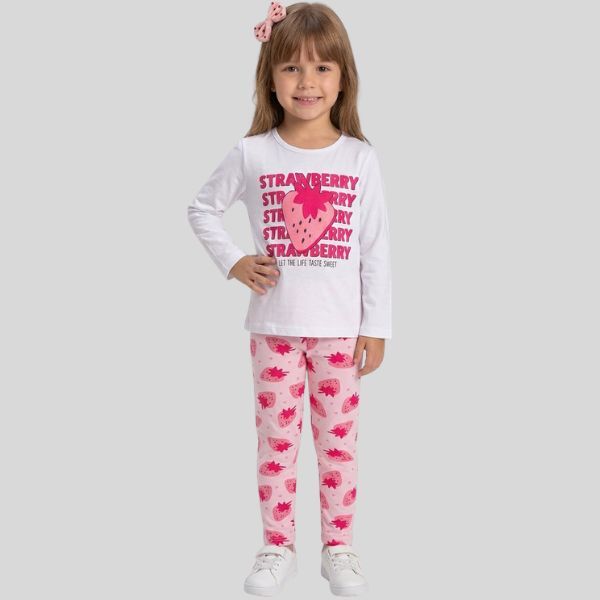 Conjunto Infantil Longo de Menina Estampado Camiseta e Legging Confortável Inverno Frio Meia Estação Morango