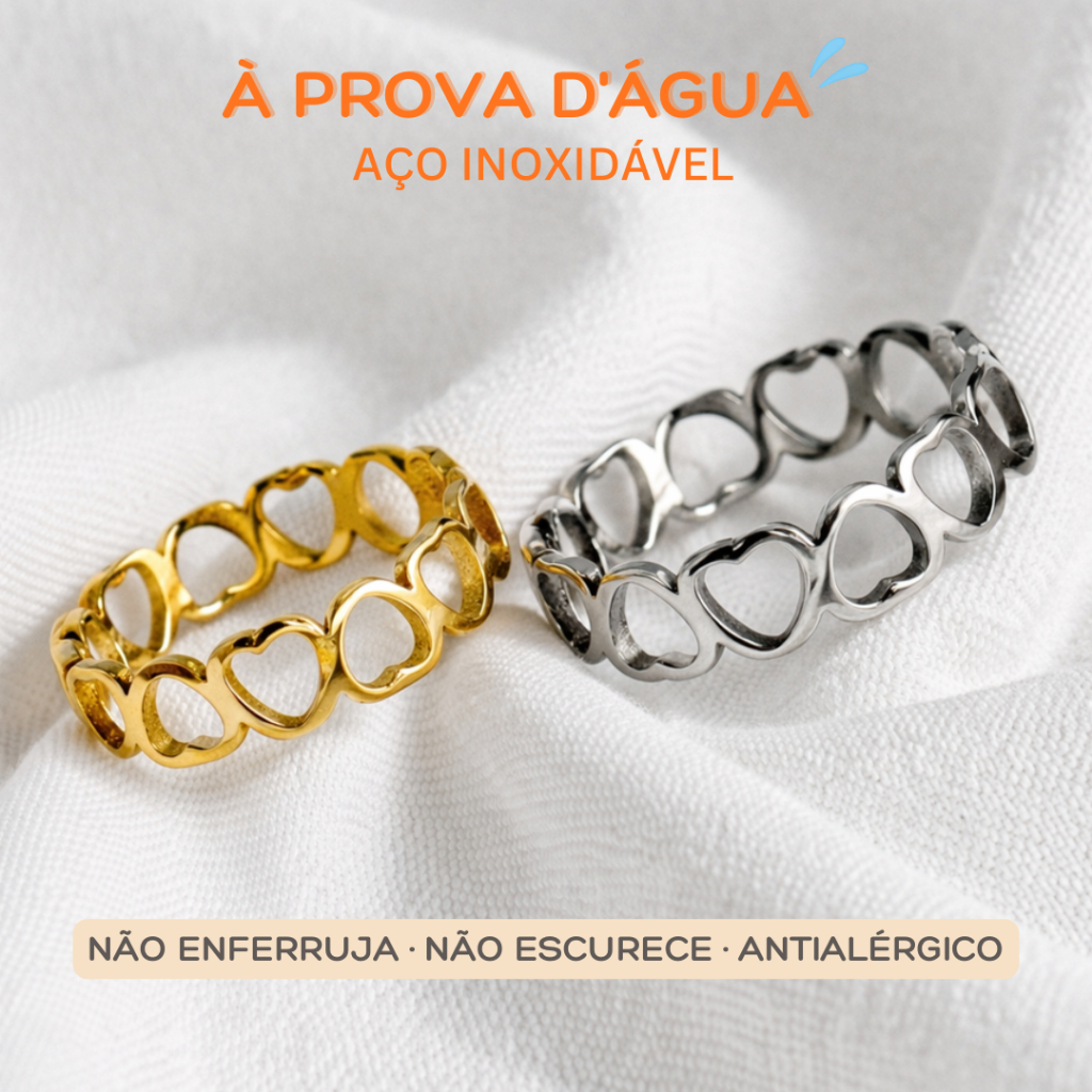 Anel Feminino Corações Vazados em Aço Inoxidável Antialérgico – Delicado e Romântico - Não escurece