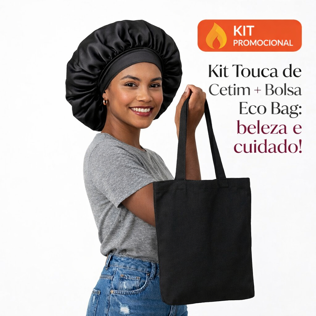 Touca de Cetim com Faixa Anti Frizz + Bolsa Eco Bag Um Kit de Beleza Cacheadas Lisos Crespo Cabelo