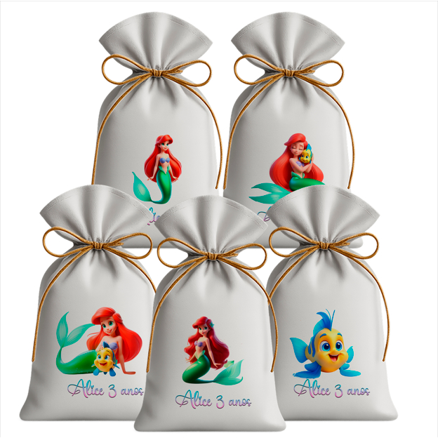 Saquinho Sacolinha Lembrancinha Festa Aniversário Infantil Tecido Personalizado Ariel 3D