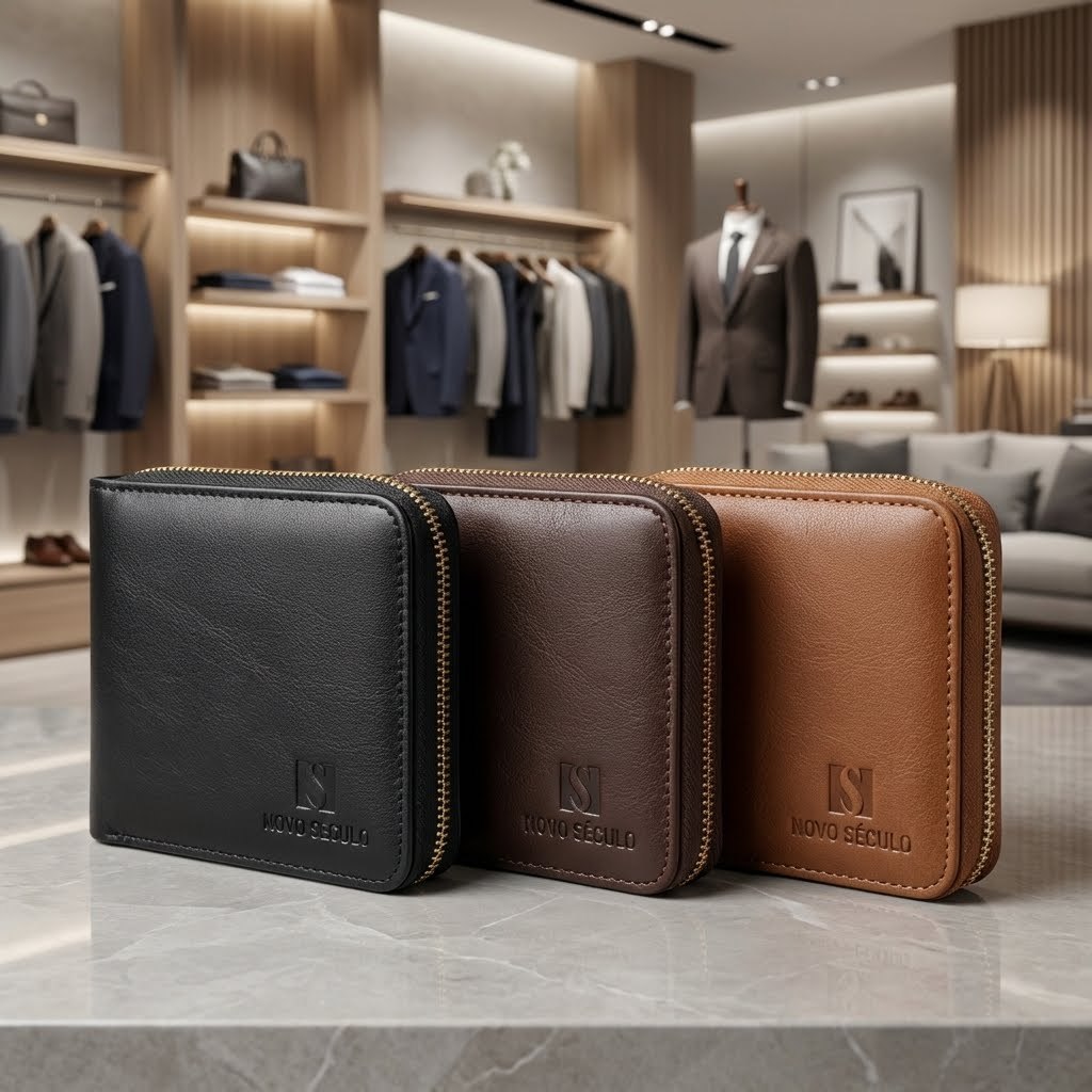 Carteira Masculina Couro Ecológico Guarda Dinheiro Porta documentos e cartões Fecha com zíper