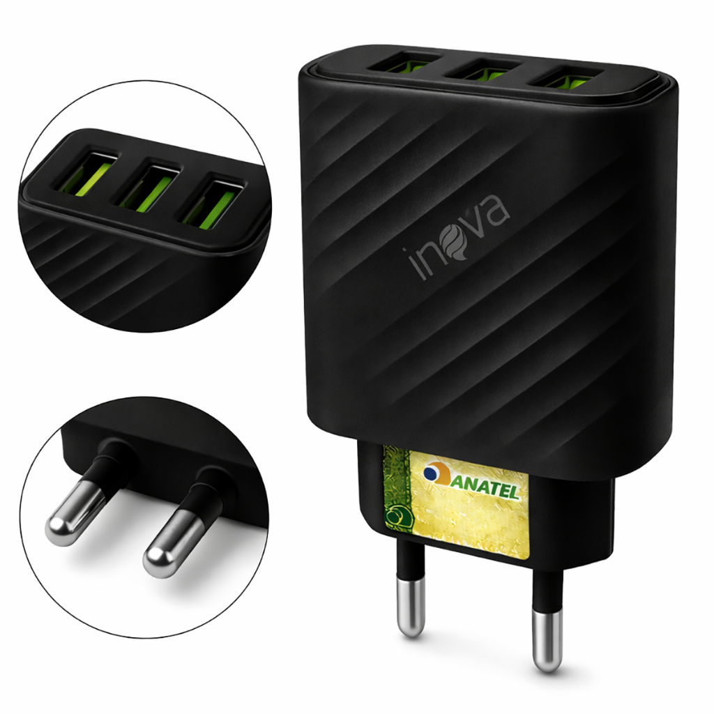 Carregador Celular USB 3 Entradas Fonte Tomada 5.1A Preta