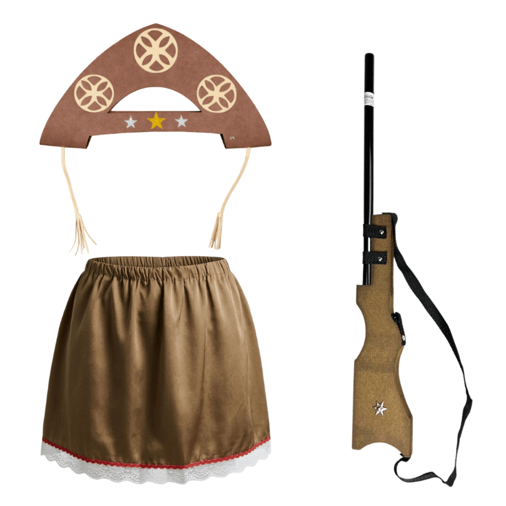 Kit C/3 Pçs Fantasia Cangaceira Maria Bonita Saia Chapéu e Espingarda de Madeira Festa Junina