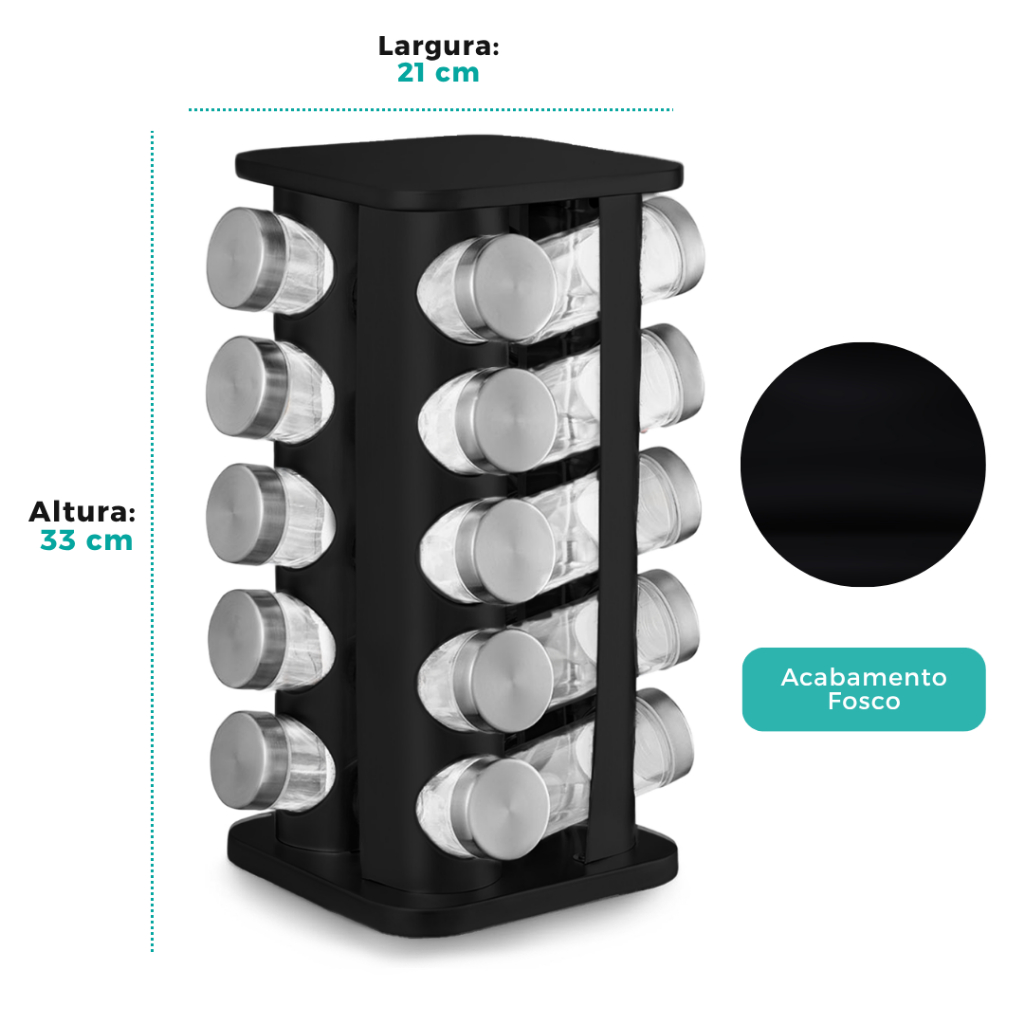 Porta Tempero Giratório 20 Potes Vidro Preto Organizador de Condimentos Cozinha 360° Inox — imagem 2 de 2