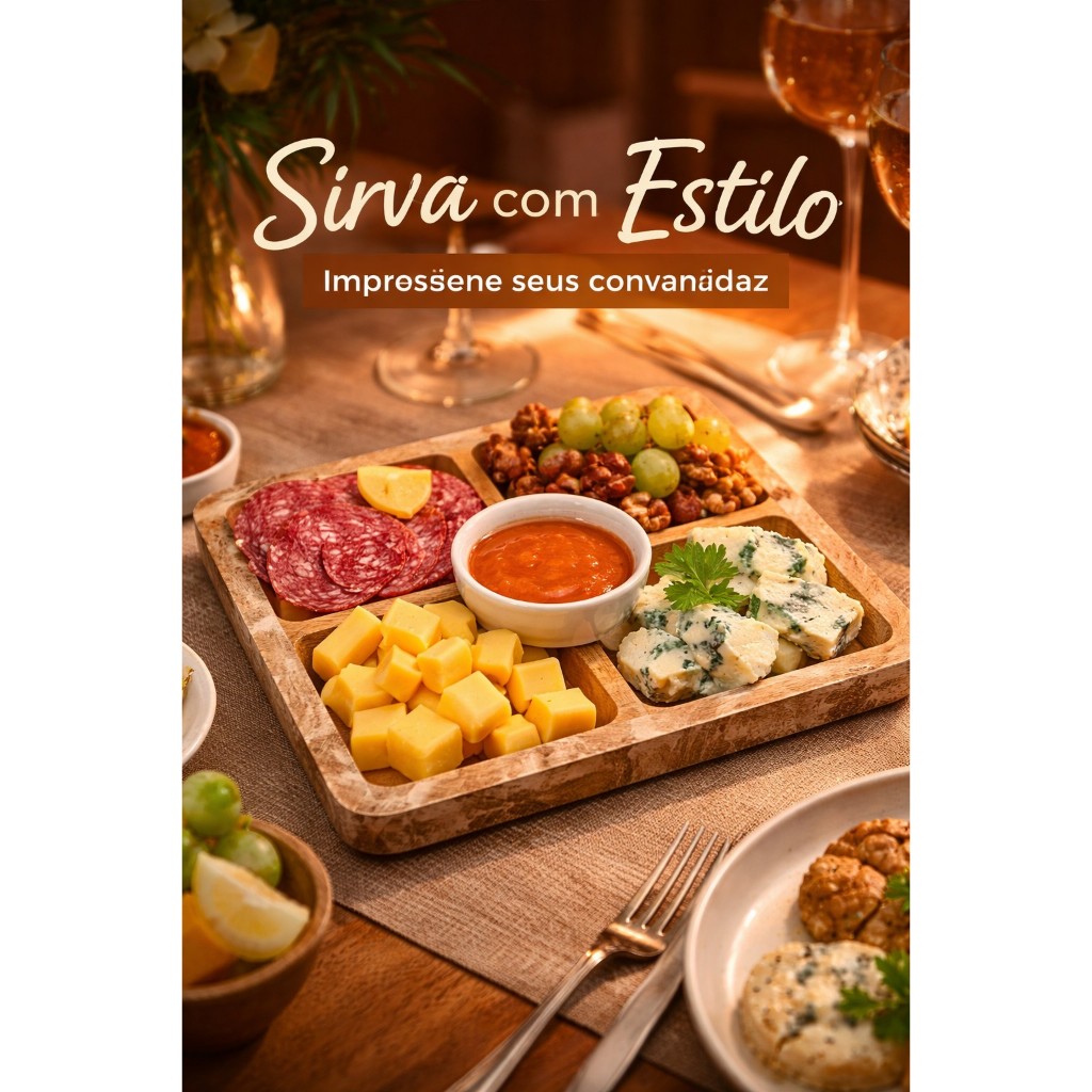Petisqueira de Madeira Rústica 4 Divisórias com Bandeja | Conjunto para Aperitivos Elegante e Decorativo