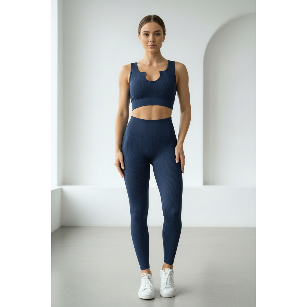 Conjunto com top decote e calça canelado confortável academia yoga corrida treino moderno luxo