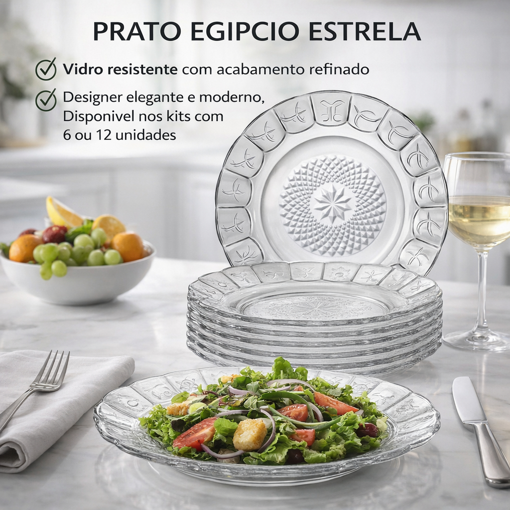 Jogo Pratos Vidro Egipcio Estrela 6 12 Pecas Prato Fundo Transparente Resistente Cozinha Mesa