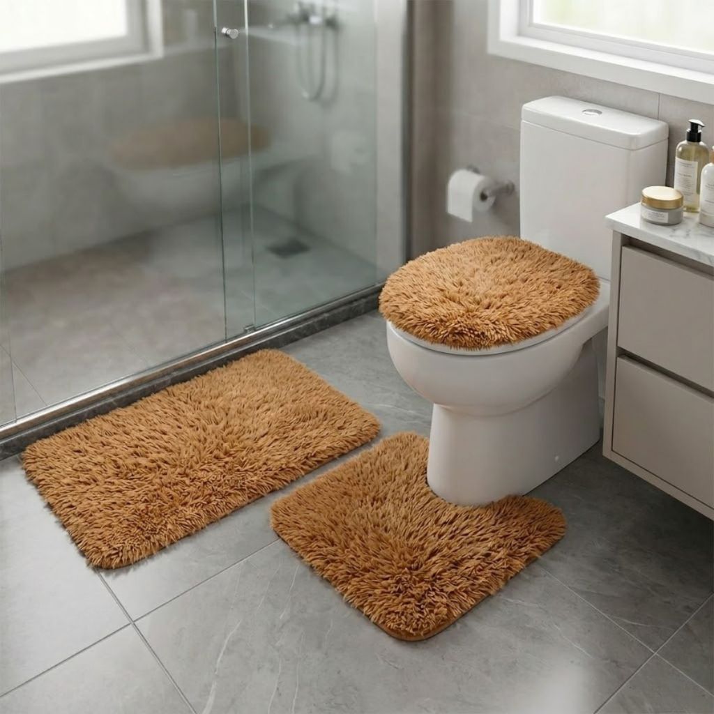 Kit Tapetes para Banheiro Conforto e Estilo Felpudo Macio 3 Peças Base Antiderrapante Lavabo Jogo