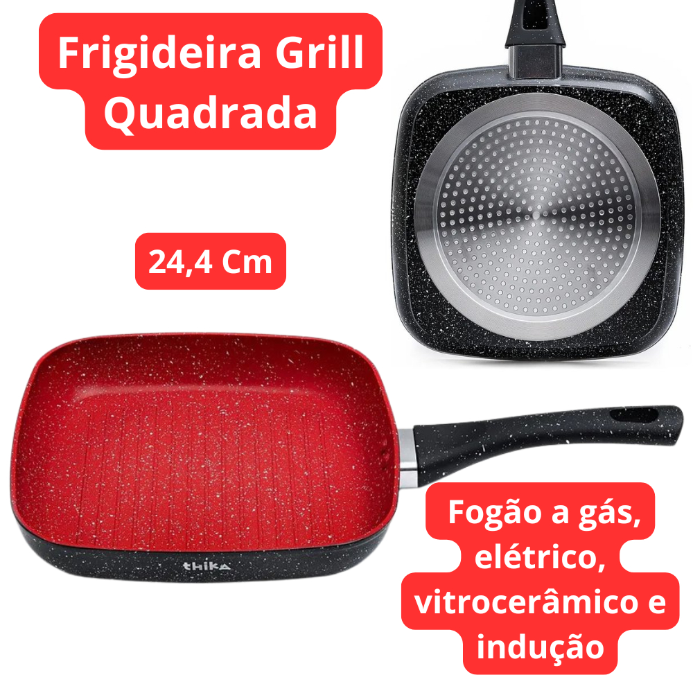 Frigideira Grill Quadrada 24cm Antiaderente Indução Stone Red Point Cabo Resistente