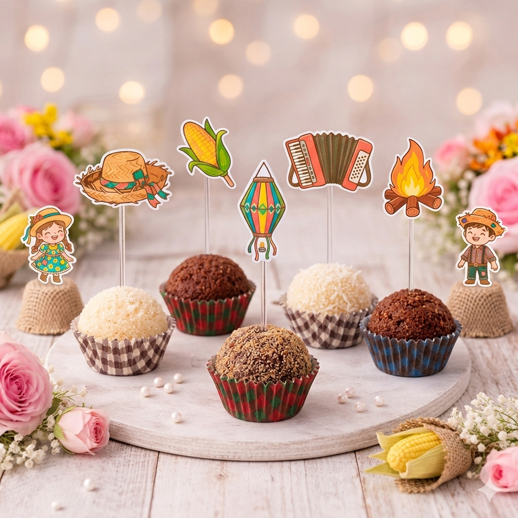 Topper Festa Junina Docinho | Kit 20 50 100 Unidades | Enfeite São João Cupcake Brigadeiro | Envio Rápido