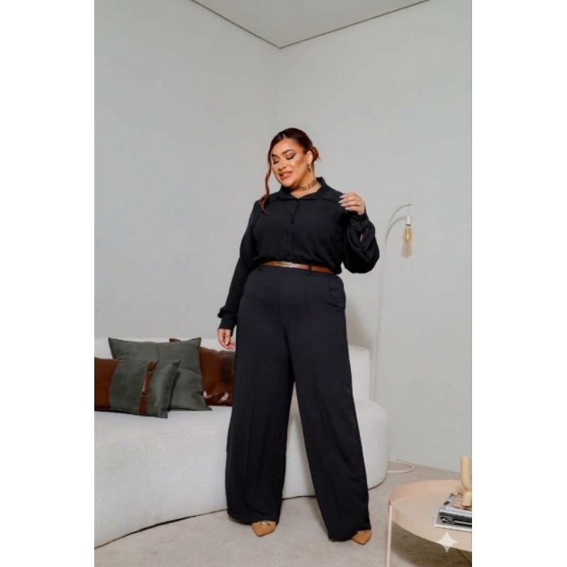 Detalhes do Conjunto social Plus size Camisa manga comprida e calça pantalona forrado G1 G2 G3