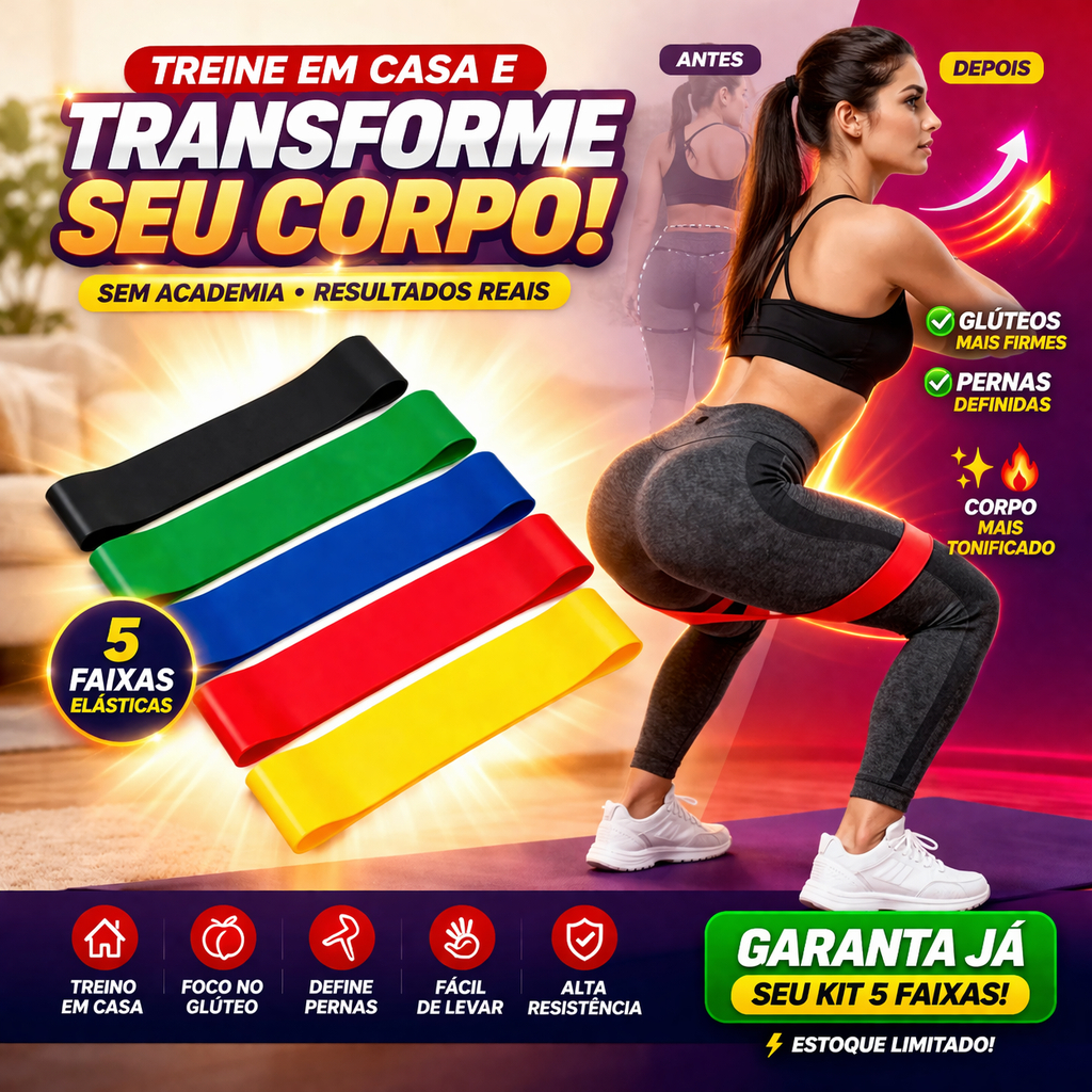 Kit Mini Band 5 Faixas Elásticas Treino Em Casa Glúteo Academia Fitness